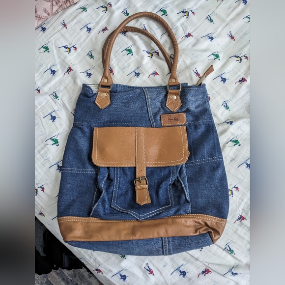 EUC Myra Bag women's Janesa Tote Bag 100% cotton leather denim bag, blue brown - Picture 2 of 13